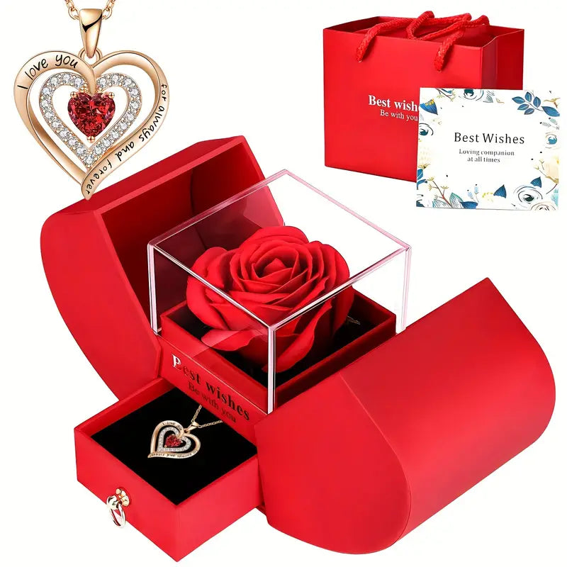 Preserved Rose with 'I Love You' Necklace in 100 Languages - Eternal Rose for Girlfriend, Wife, Mom - Valentine's Day Gift - Birthday Red Box